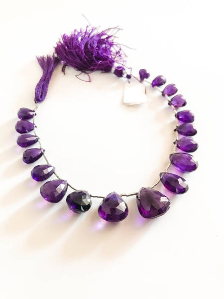 African Amethyst Flat Briolette Faceted  7x8 to 13x15 mm AAA Exceptiona &l Excellent AAA Qty 8 .5  inch, full Dark color 100% Natural,