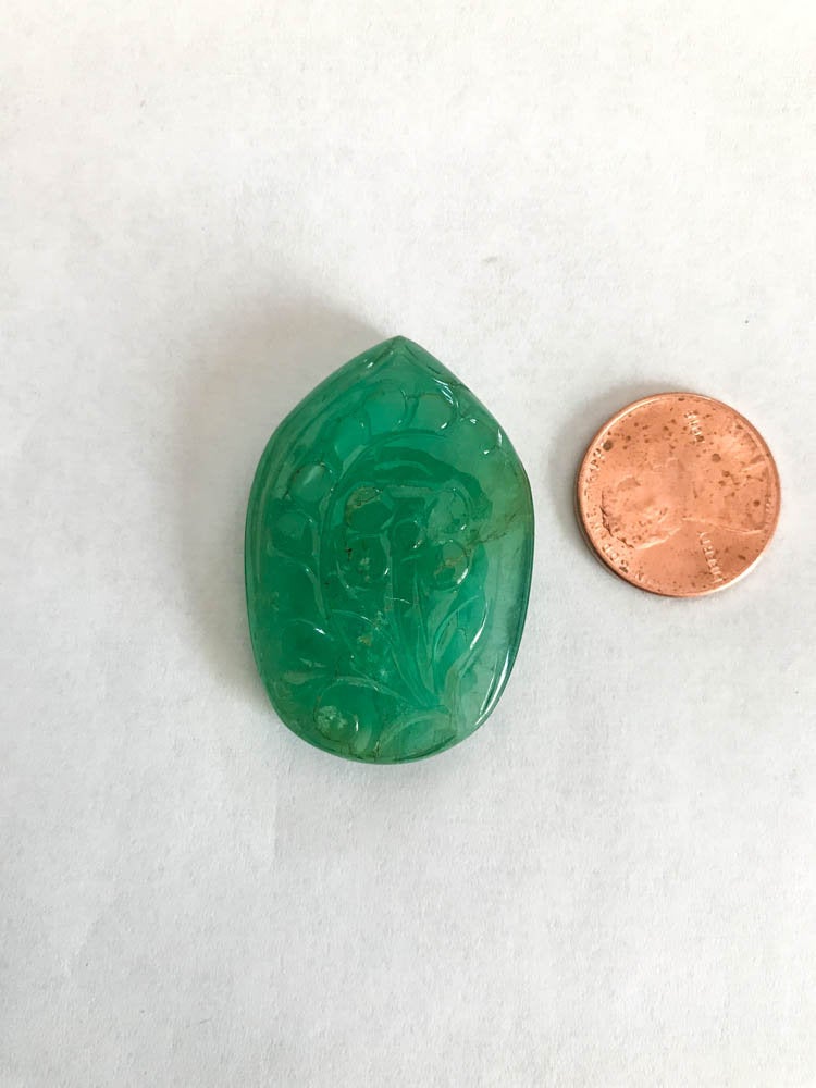 Emerald Carving Fancy shape, Cts.63.20  mm appx.front & back Dual side carving, Green color, Lively, 100% Natural, creative,Unusal