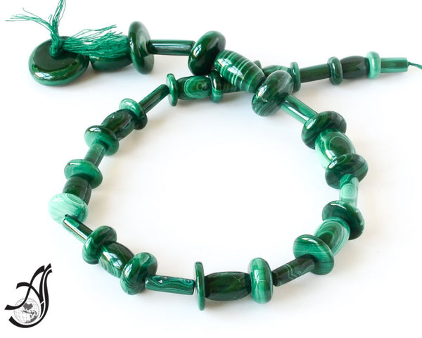 Natural Malachite Fancy Oval  & Disc combination ,7x9 - 11x14mm,green, very creative,one of a kind.14 inch