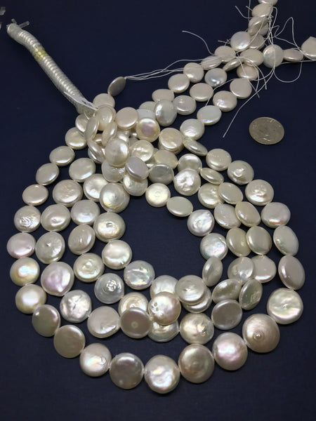 Natural Fresh water Coin Pearl, white Cream , 13 mm appx., 16 inch, fine luster , Beautiful & Creative  ( AYS-00020PRL-A) )