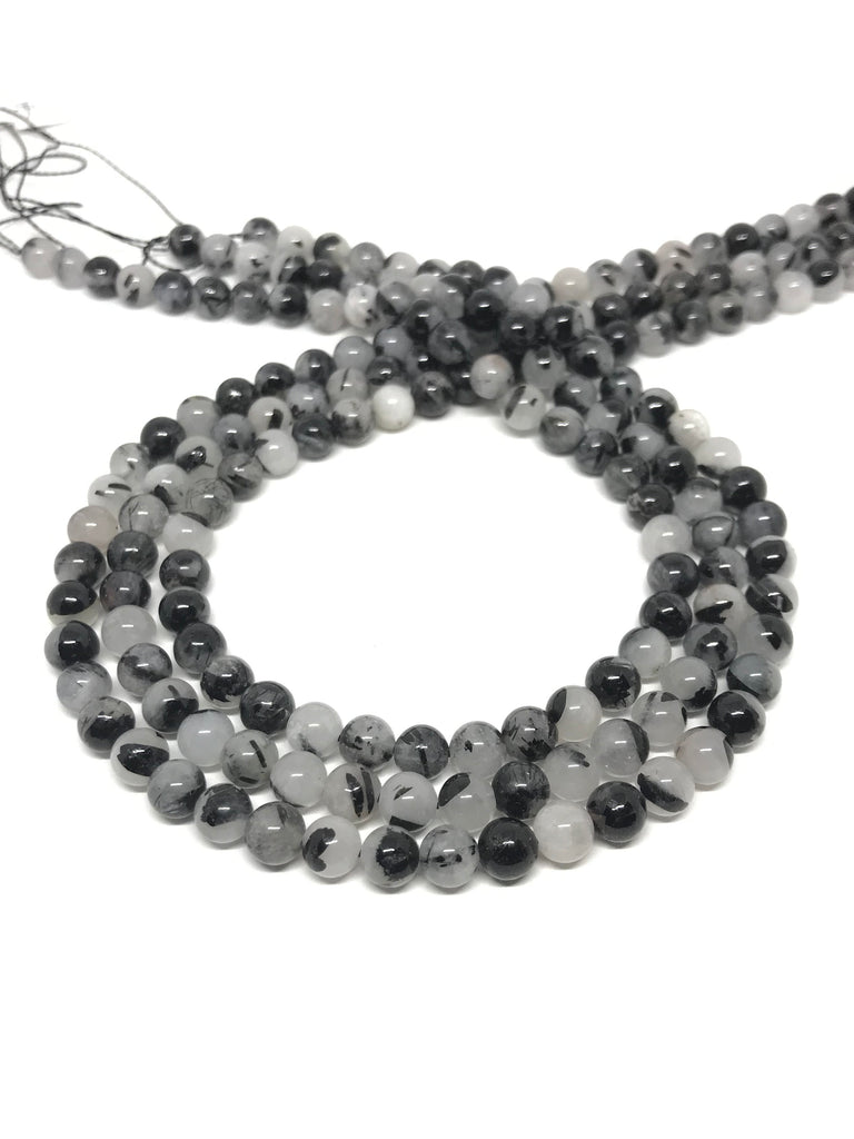 AAA Turmalinated Quartz  Round Beads, 8 OR  6 mm,16 inch, Black & white,Creative self design of Black Turmaline (1042)