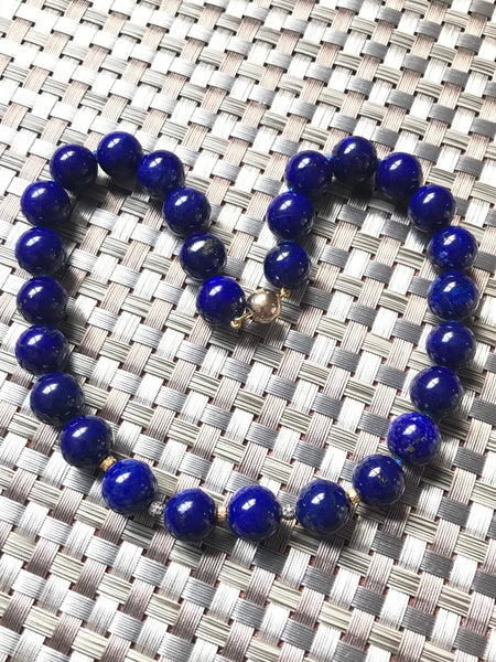 Lapis lazuli  Necklace ,with 14 K Gold  N Diamond Clasp &  spacer 14 mm 100% Natural , best AAA Color,Hard to find