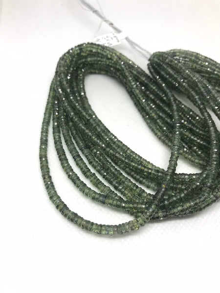 100% Natural  AAA  Green Sapphire , Rondale, Faceted 3.2 to 3.8 mm appx. 17 inch length ,Beautiful transparent quality. Earth mined.(# 1185)