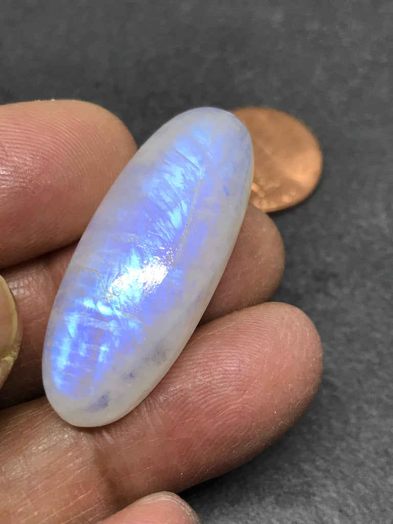 Rainbow Moonstone  Long oval  Cabochon AAA quality  37.2x14.8 , H 8.6 mm , Beautiful pattern/ designs ,Natural 100%( CB-00246)