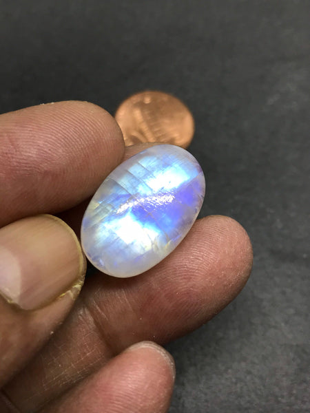 Beautiful Rainbow Moonstone oval Cabochon AAA quality  23x31.7, H  8 mm, Best Blue shine with patterns/designs,100% Natural(# CB -249)