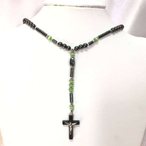 Hematite necklace ,Christian rosarywith Cross and Fiber optic Beads,30 inch,green,Blue,orange pink.(JB-0096)