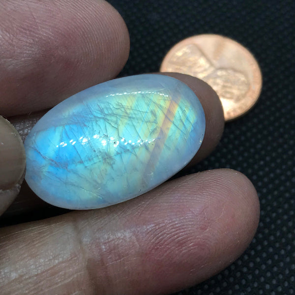 Beautiful Rainbow Moonstone oval shape Cabochon AAA quality  26.8x16.9 mm, Best Blue shine with patterns/designs,100% Natural(# CB -283)