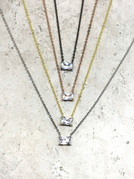 4 colors Sterling Silver Chain with C. Z Rectangular Pendant , adjustable length 16 to 18 inch, Silver-Gold-Rose-Black ( AYS-JB-0099)