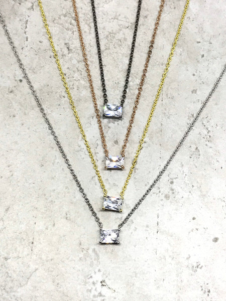 4 colors Sterling Silver Chain with C. Z  Rectangular Pendant , adjustable  length 16 to 18 inch, Silver-Gold-Rose-Black ( AYS-JB-0099)