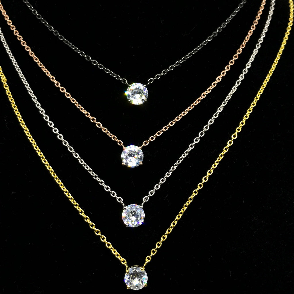 Round 4 colors Sterling Silver Chain with C. Z   Love Pendant , adjustable  length 16 to 18 inch, Silver-Gold-Rose-Black ( AYS-JB-00103)