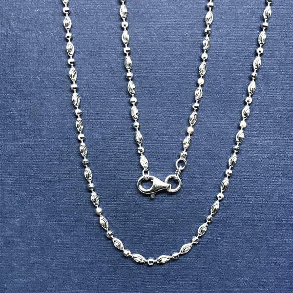 Silver Bead Chain Necklace, Moon Cut 925 Sterling Silver Chain For Women/Men, 4X2MM, 2mm Bead Station Chain, Lobster Clasp (CPOV-002-RH)