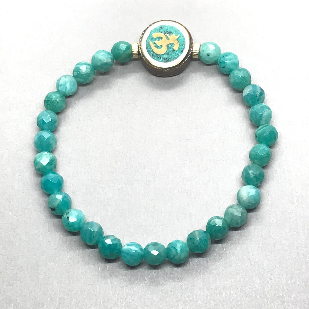 Amazonite Roundale Plain 6.5mm , 16 mm " OM" charm with 14 k gold filled Streach Bracelet  creative. Beautiful N attractive color (Jb-0065)