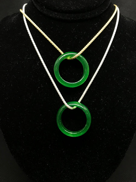 Free chain with Green Jade Circle Pendant,with Italian Solid 925 silver Fope /Popcorn chain,Silver or Gold 25 mm best Gift for all occaision