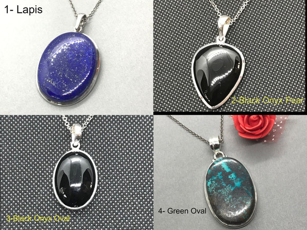 Black Onyx Oval , pear Lapis Oval, Green Crysocola Oval.with FREE sterling silver chain & Free shipping ,Bargain price (#JB-00108)