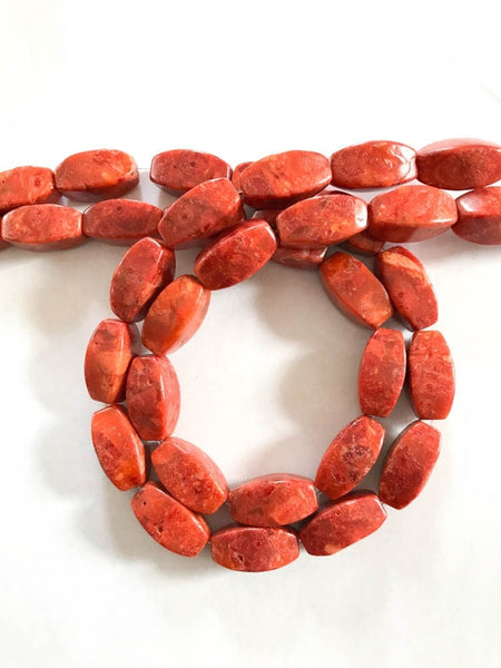 Natural Red Spong Coral Beads, 12x24mm Coral Barrel Beads, Faceted Coral Beaded Necklace, 16 Inch Strand Coral Beads (#987)