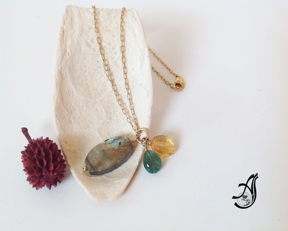 Emerald, Citrine & Labradorite Necklace, 3stone Necklace ,14k Solid Gold, Multi Stone Gemstone Necklace, Gift For women, Wedding Jewelry