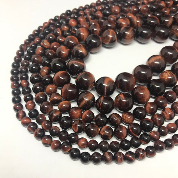 AAA Natural Tiger Eye Bead, 6/8/12 & 14MM Smooth Round Red Tiger Eye Bead Necklace, 6 to 12 -14 mm, 16 Inch Strand Bead ( # 1165-Red)