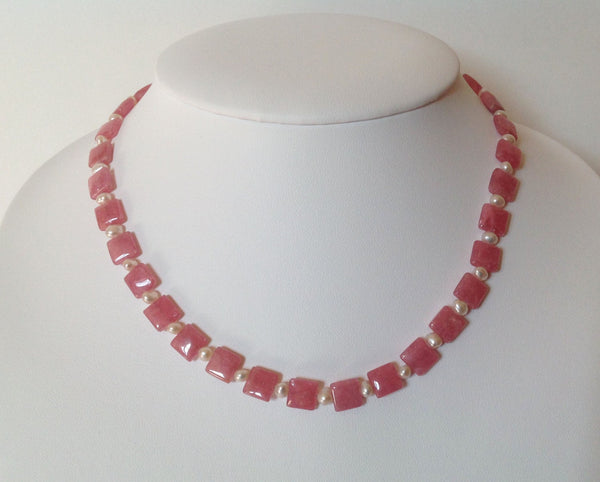 rhodochrosite and Pink pearl Necklace, 925 Sterling Silver Choker Necklace For woman, Rhodochrosite Stone Earring,16 Inch Strand Bead